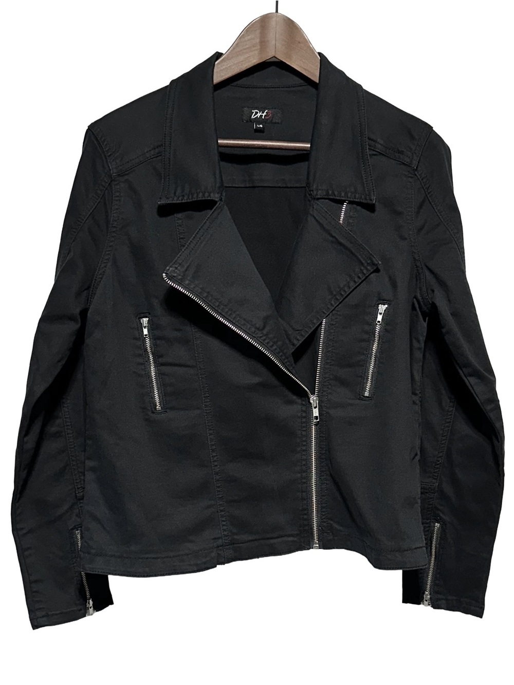 DH3 Black Moto Jacket Cotton Stretch Zip Front Biker Jacket L